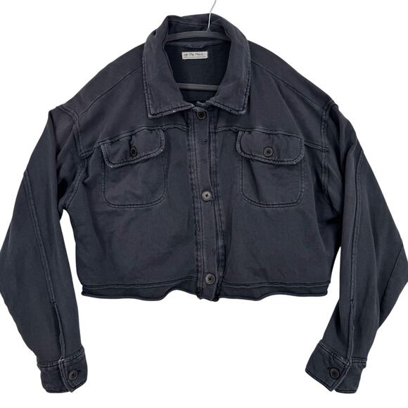 Free People Cropped Shacket L Gray Cotton Oversized Grunge Distressed Leisure - Picture 3 of 11